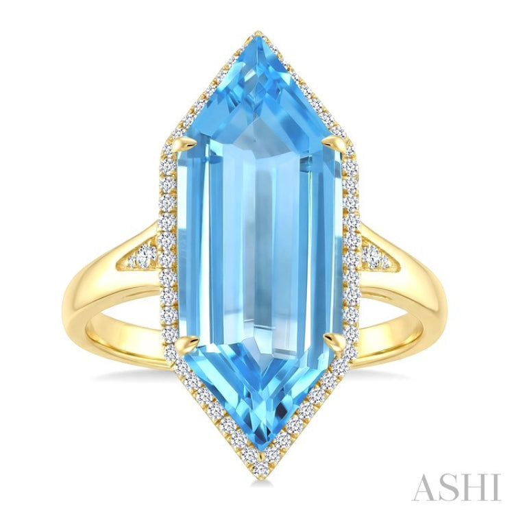22X8 MM Evoque Gemstones Hexagon Shape Blue Topaz and 1/4 Ctw Round Cut Diamond Semi-Precious Ring in 14K Yellow Gold