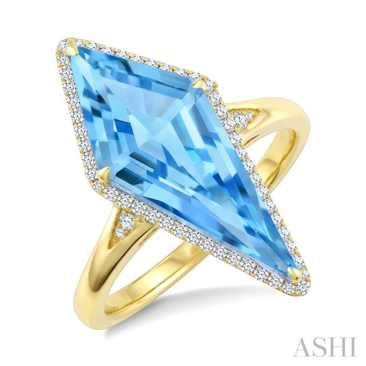 22X9 MM Evoque Gemstones Kite Shape Blue Topaz and 1/5 Ctw Round Cut Diamond Semi-Precious Ring in 14K Yellow Gold