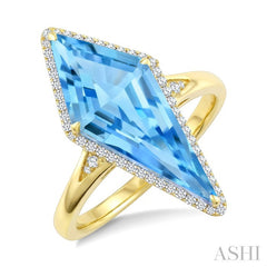 22X9 MM Evoque Gemstones Kite Shape Blue Topaz and 1/5 Ctw Round Cut Diamond Semi-Precious Ring in 14K Yellow Gold