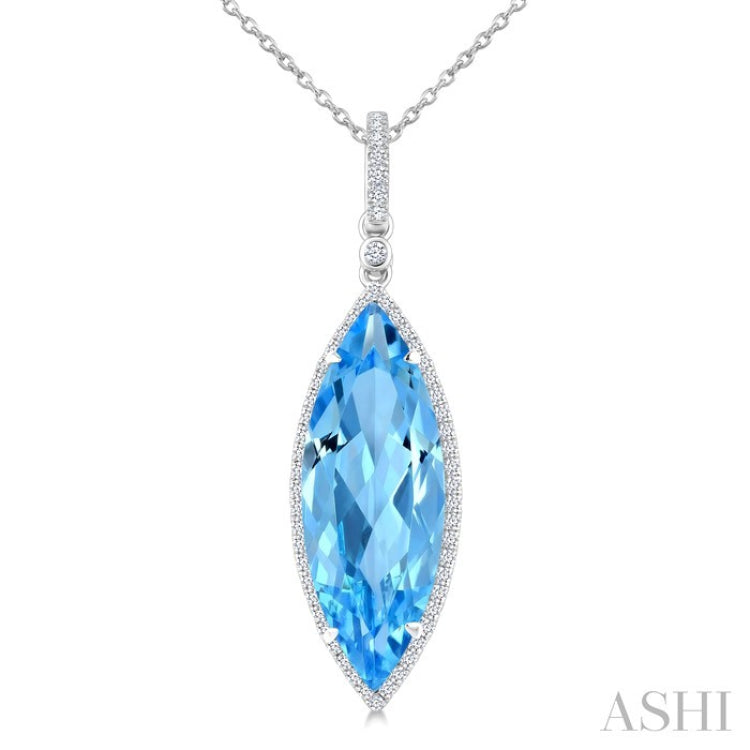 22X8 MM Evoque Gemstones Marquise Shape Blue Topaz and 1/4 Ctw Round Cut Diamond Semi-Precious Pendant With Chain in 14K White Gold