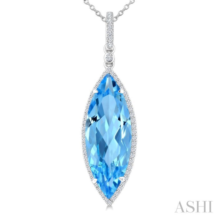 22X8 MM Evoque Gemstones Marquise Shape Blue Topaz and 1/4 Ctw Round Cut Diamond Semi-Precious Pendant With Chain in 14K White Gold