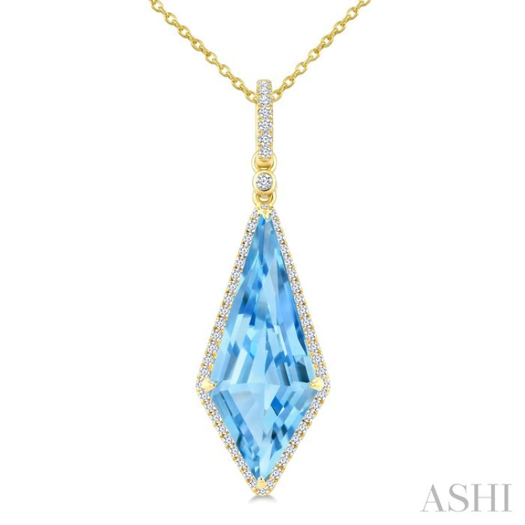 22X9 MM Evoque Gemstones Kite Shape Blue Topaz and 1/4 Ctw Round Cut Diamond Semi-Precious Pendant With Chain in 14K Yellow Gold