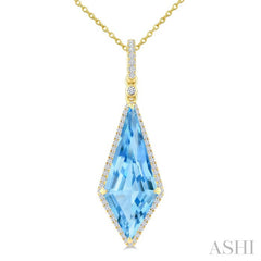 22X9 MM Evoque Gemstones Kite Shape Blue Topaz and 1/4 Ctw Round Cut Diamond Semi-Precious Pendant With Chain in 14K Yellow Gold