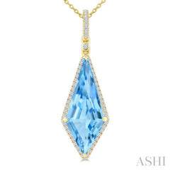 22X9 MM Evoque Gemstones Kite Shape Blue Topaz and 1/4 Ctw Round Cut Diamond Semi-Precious Pendant With Chain in 14K Yellow Gold