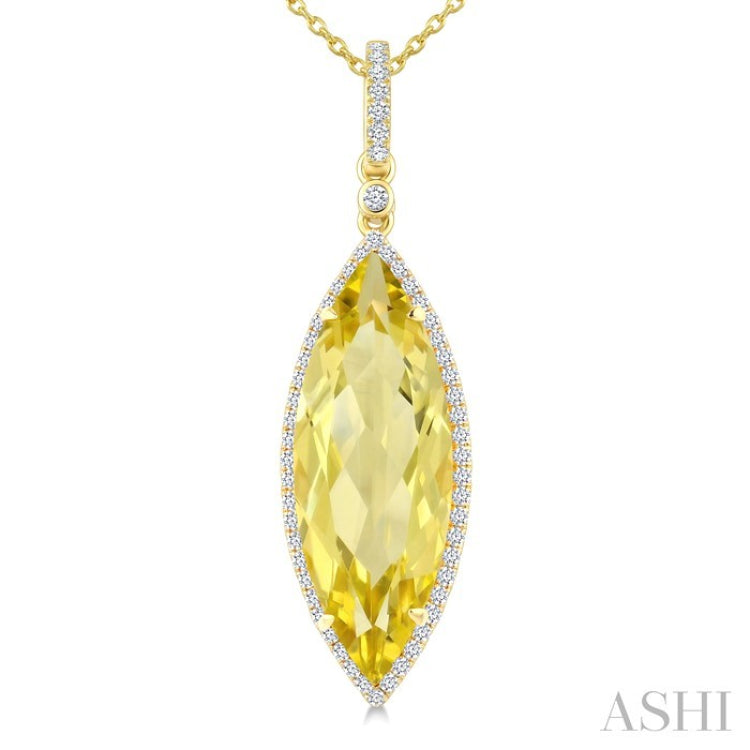 22X8 MM Evoque Gemstones Marquise Shape Lemon Quartz and 1/4 Ctw Round Cut Diamond Semi-Precious Pendant With Chain in 14K Yellow Gold