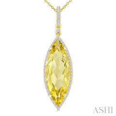 22X8 MM Evoque Gemstones Marquise Shape Lemon Quartz and 1/4 Ctw Round Cut Diamond Semi-Precious Pendant With Chain in 14K Yellow Gold