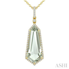 22X9 MM Evoque Gemstone Shield Shape Green Amethyst and 1/4 Ctw Round Cut Diamond Semi-Precious Pendant With Chain in 14K Yellow Gold
