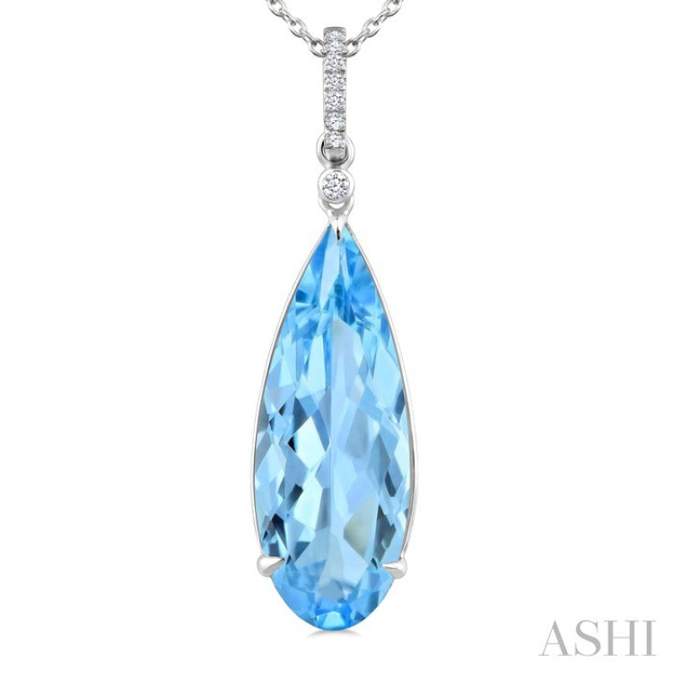 22X8 MM Evoque Gemstones Pear Shape Blue Topaz and 1/20 Ctw Round Cut Diamond Semi-Precious Pendant With Chain in 14K White Gold
