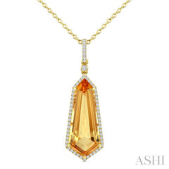 22X9 MM Evoque Gemstone Shield Shape Citrine and 1/4 Ctw Round Cut Diamond Semi-Precious Pendant With Chain in 14K Yellow Gold