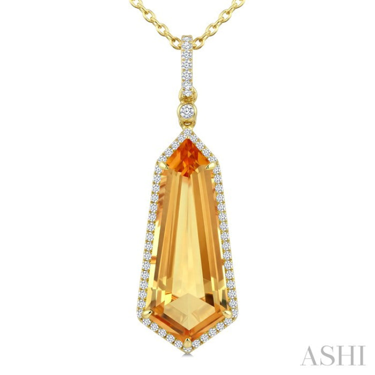 22X9 MM Evoque Gemstone Shield Shape Citrine and 1/4 Ctw Round Cut Diamond Semi-Precious Pendant With Chain in 14K Yellow Gold