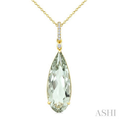 22X8 MM Evoque Gemstone Pear Shape Green Amethyst and 1/20 Ctw Round Cut Diamond Semi-Precious Pendant With Chain in 14K Yellow Gold