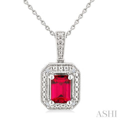 7X5 MM Octagon Shape Lab-Created Ruby and 1/50 Ctw Round Cut Diamond Precious Pendant With Chain in Sterling Silver