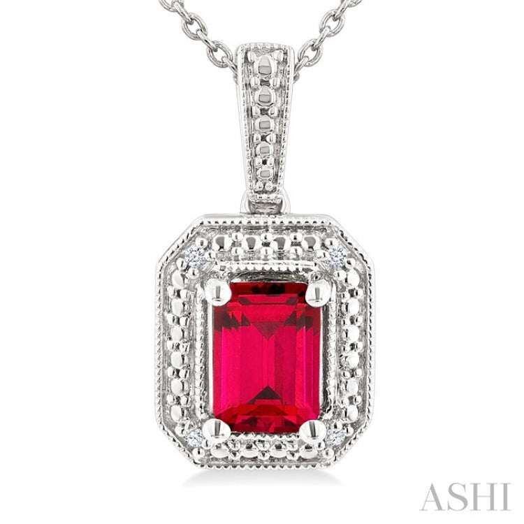 7X5 MM Octagon Shape Lab-Created Ruby and 1/50 Ctw Round Cut Diamond Precious Pendant With Chain in Sterling Silver