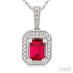 7X5 MM Octagon Shape Lab-Created Ruby and 1/50 Ctw Round Cut Diamond Precious Pendant With Chain in Sterling Silver