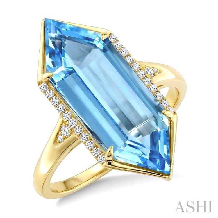 22X8 MM Evoque Gemstones Hexagon Shape Blue Topaz and 1/10 Ctw Round Cut Diamond Semi-Precious Ring in 14K Yellow Gold
