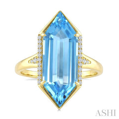 22X8 MM Evoque Gemstones Hexagon Shape Blue Topaz and 1/10 Ctw Round Cut Diamond Semi-Precious Ring in 14K Yellow Gold