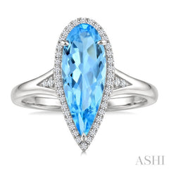16X6 MM Evoque Gemstones Pear Shape Blue Topaz and 1/6 Ctw Round Cut Diamond Semi-Precious Ring in 10K White Gold