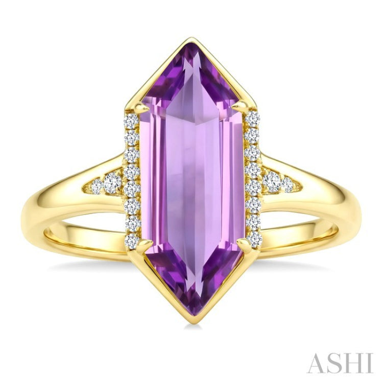 16X6 MM Evoque Gemstones Hexagon Shape Amethyst and 1/10 Ctw Round Cut Diamond Semi-Precious Ring in 10K Yellow Gold