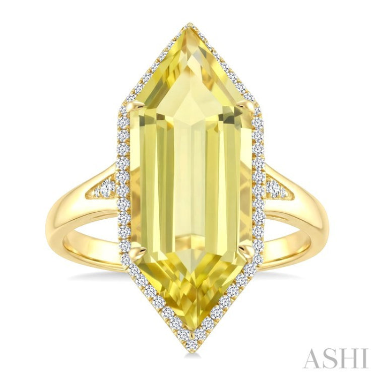 22X8 MM Evoque Gemstones Hexagon Shape Lemon Quartz and 1/4 Ctw Round Cut Diamond Semi-Precious Ring in 14K Yellow Gold
