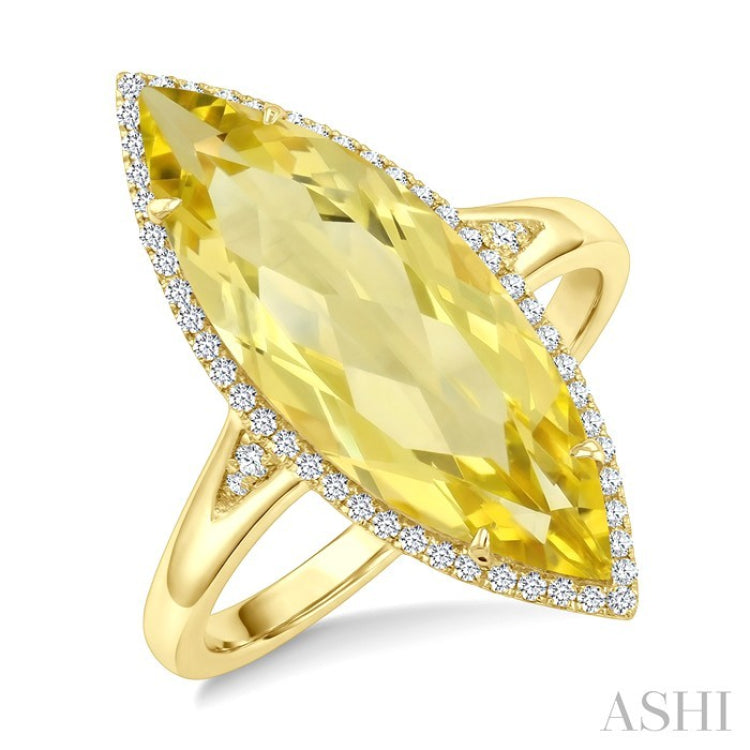 22X8 MM Evoque Gemstones Marquise Shape Lemon Quartz and 1/5 Ctw Round Cut Diamond Semi-Precious Ring in 14K Yellow Gold