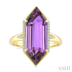 22X8 MM Evoque Gemstones Hexagon Shape Amethyst and 1/10 Ctw Round Cut Diamond Semi-Precious Ring in 14K Yellow Gold