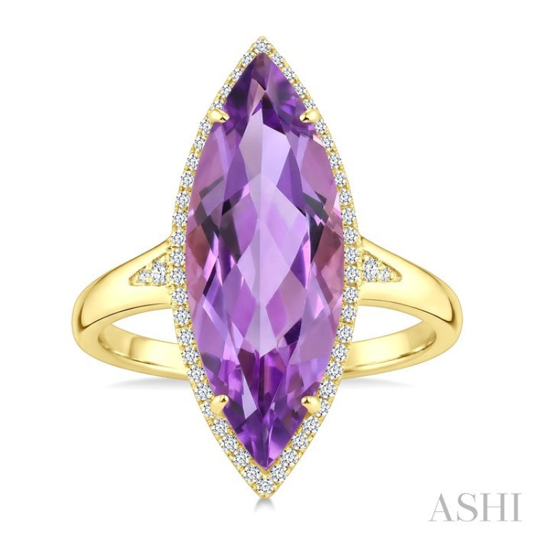 22X8 MM Evoque Gemstones Marquise Shape Amethyst and 1/5 Ctw Round Cut Diamond Semi-Precious Ring in 14K Yellow Gold
