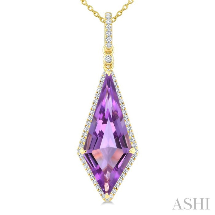 22X9 MM Evoque Gemstones Kite Shape Amethyst and 1/4 Ctw Round Cut Diamond Semi-Precious Pendant With Chain in 14K Yellow Gold