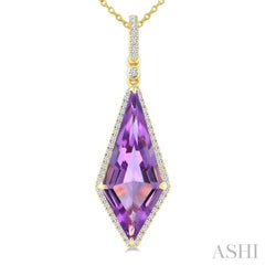 22X9 MM Evoque Gemstones Kite Shape Amethyst and 1/4 Ctw Round Cut Diamond Semi-Precious Pendant With Chain in 14K Yellow Gold