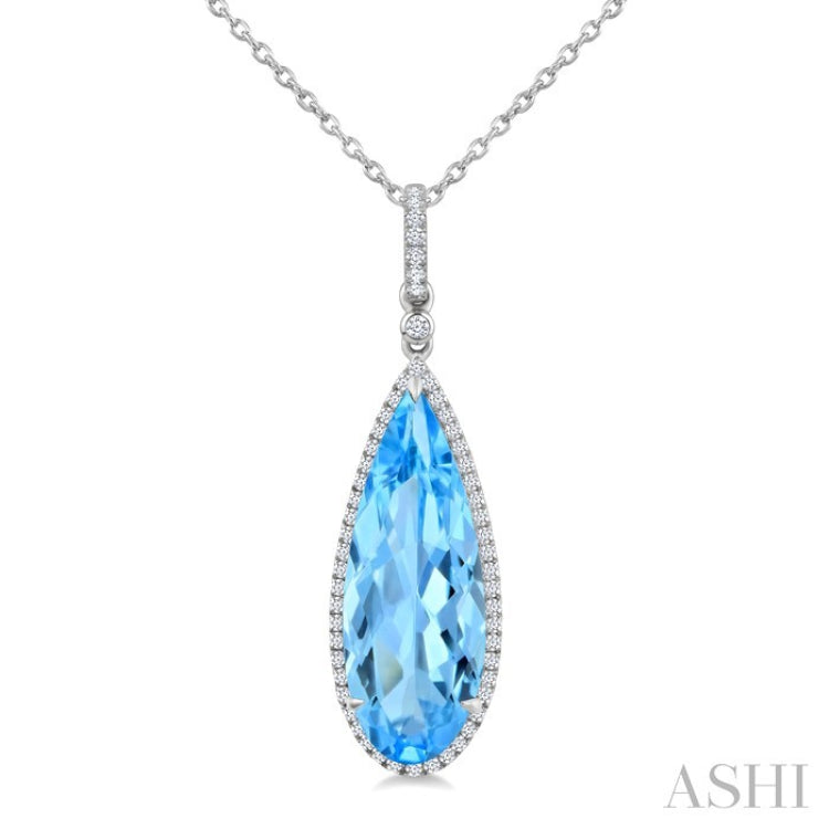 22X8 MM Evoque Gemstones Pear Shape Blue Topaz and 1/4 Ctw Round Cut Diamond Semi-Precious Pendant With Chain in 14K White Gold