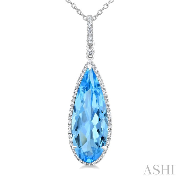 22X8 MM Evoque Gemstones Pear Shape Blue Topaz and 1/4 Ctw Round Cut Diamond Semi-Precious Pendant With Chain in 14K White Gold