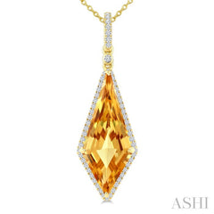 22X9 MM Evoque Gemstone Kite Shape Citrine and 1/4 Ctw Round Cut Diamond Semi-Precious Pendant With Chain in 14K Yellow Gold