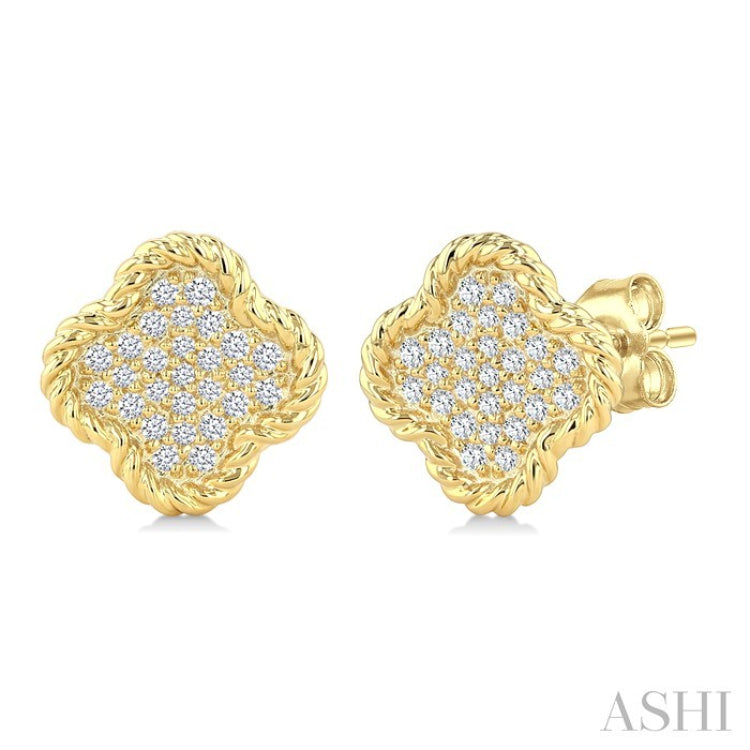 1/5 Ctw Round Cut Diamond Rope Border Clover Motif Fashion Stud Earrings in 10K Yellow Gold