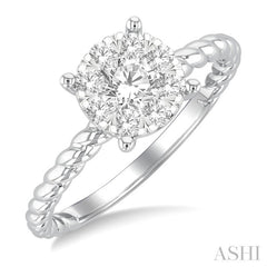 1/2 Ctw Lovebright Circular Shape Rope Textured Shank Round Cut Diamond Cluster Ring in 14K White Gold