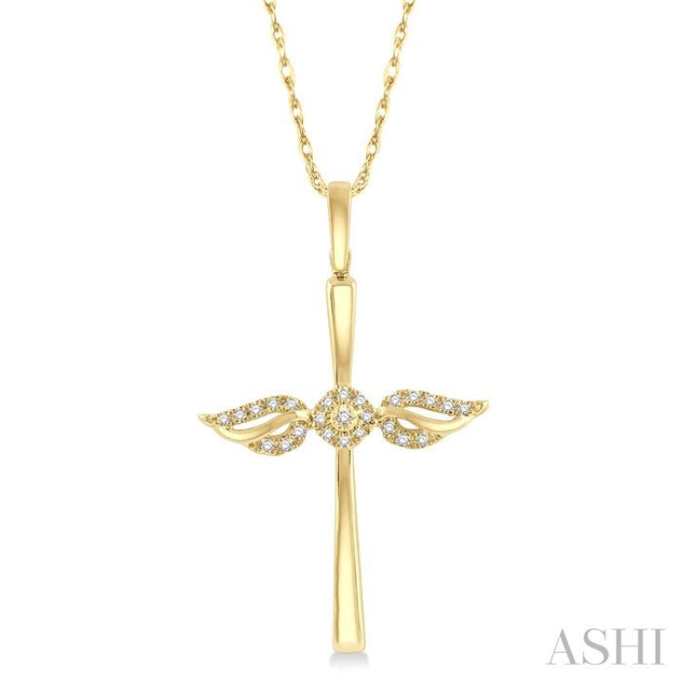 1/10 Ctw Angel Wing Round Cut Diamond Cross Petite Pendant With Chain in 10K Yellow Gold