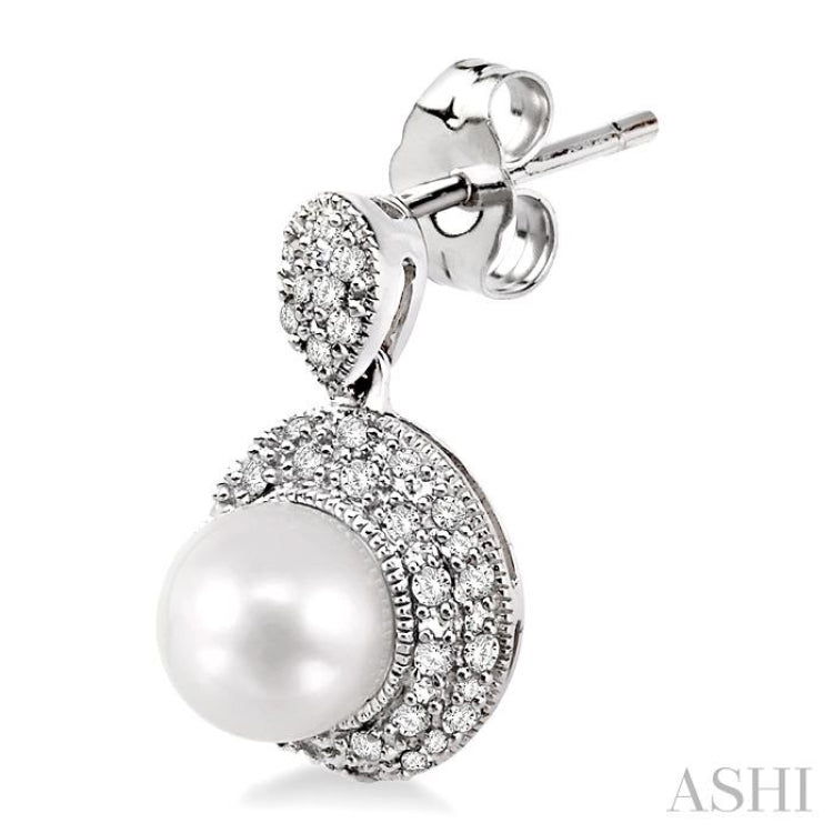 6 MM Cultured Pearl and 1/3 ctw Single Cut Diamond Earrings in 14K White Gold