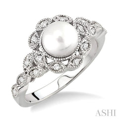 6.5 MM Cultured Pearl and 1/8 Ctw Round Cut Diamond Ring in 10K White Gold