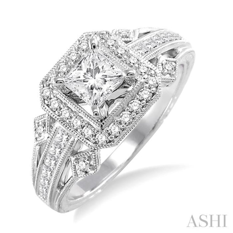 1/2 ctw Round and Princess Cut Diamond Semi-Mount Engagement Ring 14K White Gold