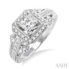 1/2 ctw Round and Princess Cut Diamond Semi-Mount Engagement Ring 14K White Gold
