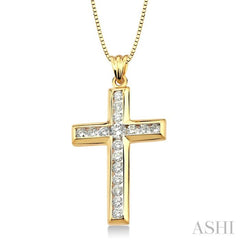 1 ctw Round Cut Diamond Cross Pendant in 14K Yellow Gold with Chain