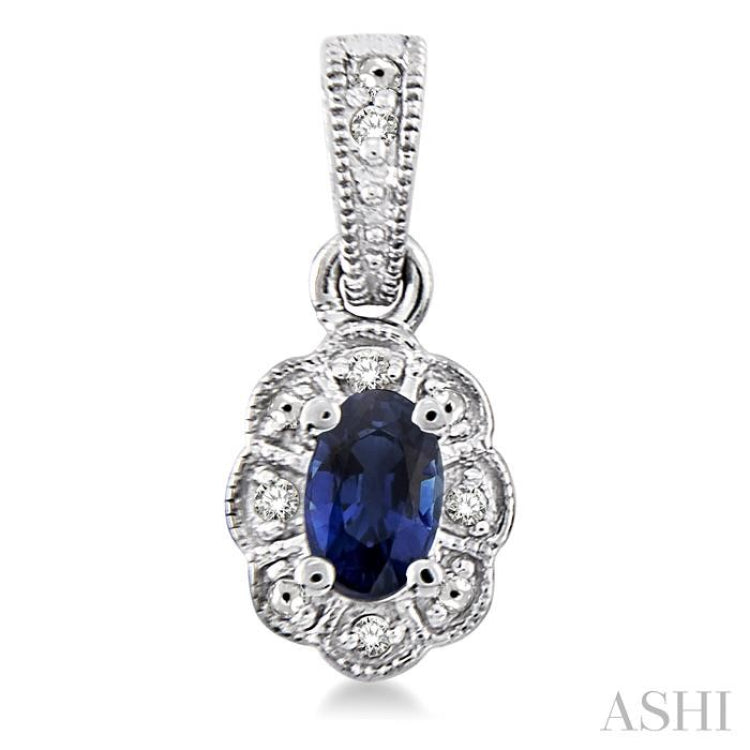 5x3 MM Oval Cut Sapphire and 1/20 Ctw Single Cut Diamond Earrings in Sterling Silver