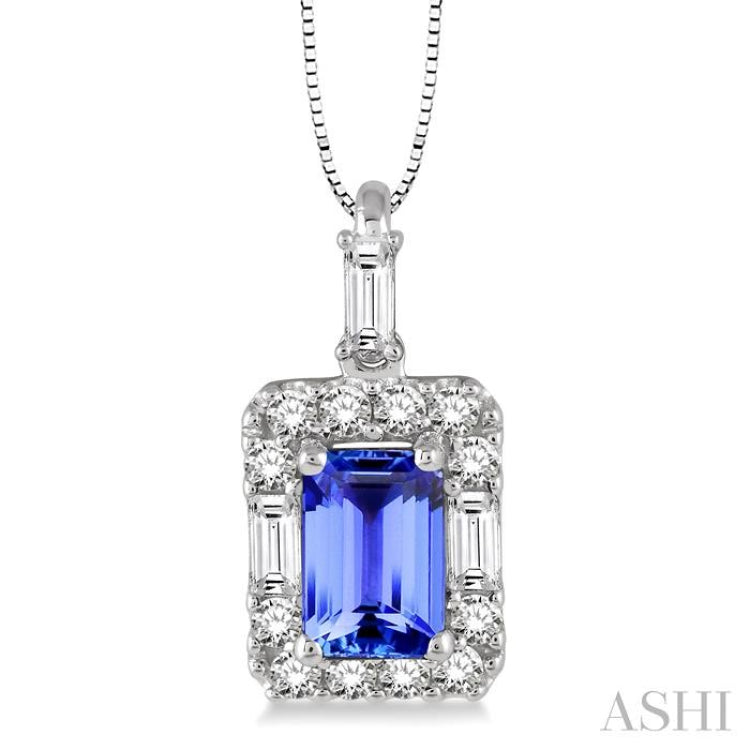 6x4 MM Octagon Cut Tanzanite and 1/3 ctw Round Cut Diamond Precious Pendant in 14K White Gold with Chain