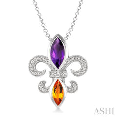 10x5 & 8x4 MM Marquise cut Amethyst and Citrine and 1/50 Ctw Single Cut Diamond Fleur De Lis Pendant in Sterling Silver with Chain