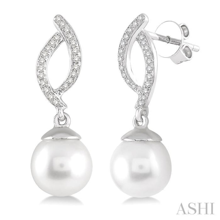 7x7 MM Round Cut Cultured Pearls and 1/6 ctw Round Cut Diamond Earrings in 10K White Gold