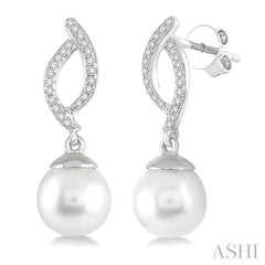 7x7 MM Round Cut Cultured Pearls and 1/6 ctw Round Cut Diamond Earrings in 10K White Gold