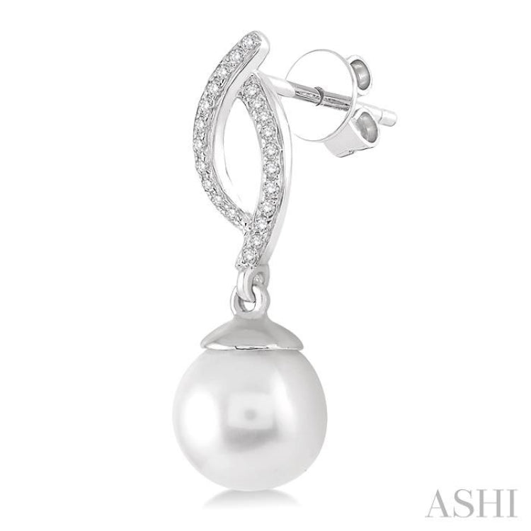 7x7 MM Round Cut Cultured Pearls and 1/6 ctw Round Cut Diamond Earrings in 10K White Gold