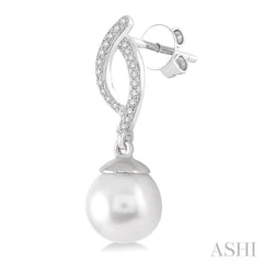 7x7 MM Round Cut Cultured Pearls and 1/6 ctw Round Cut Diamond Earrings in 10K White Gold