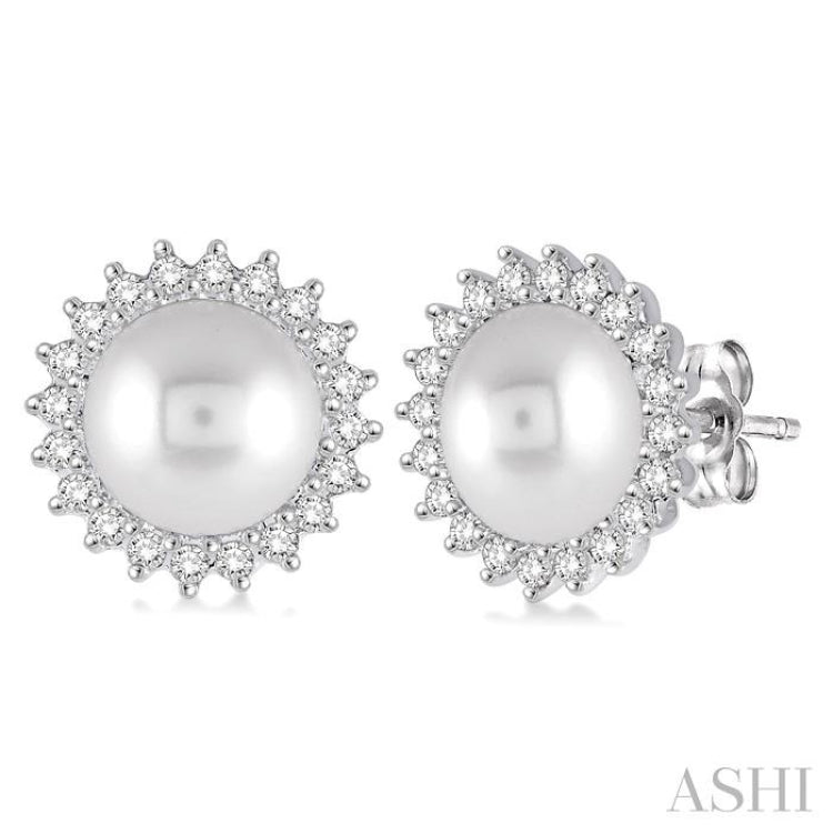 7x7 MM Round Shape Cultured Pearls and 1/4 ctw Round Cut Diamond Earrings in 14K White Gold