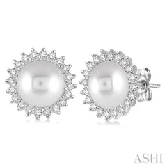 7x7 MM Round Shape Cultured Pearls and 1/4 ctw Round Cut Diamond Earrings in 14K White Gold