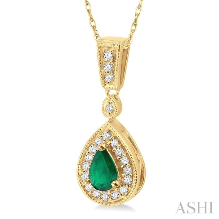 6x4 MM Pear Shape Emerald and 1/6 ctw Round Cut Diamond Pendant in 14K Yellow Gold with Chain