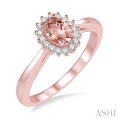 6X4 MM Oval Cut Morganite Center and 1/8 ctw Round Cut Diamond Halo Precious Stone Ring in 10K Rose Gold
